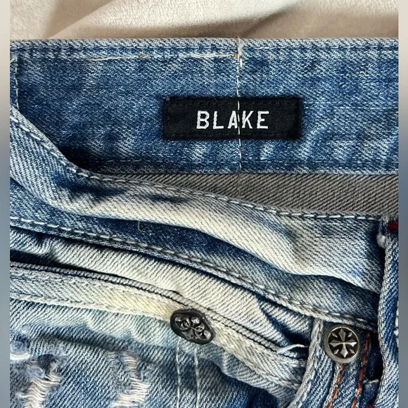 INSANE Y2K Affliction Black Premium BLAKE 34 Long Patch Distressed Jeans AC/DC - Picture 8 of 16